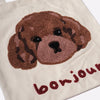 Bonjour Puppy Embroidered Cotton Tote Bag