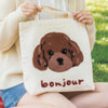 Bonjour Puppy Embroidered Cotton Tote Bag