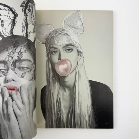 Two artistic portraits of women, one with a hand over her mouth and the other blowing a bubble with gum.