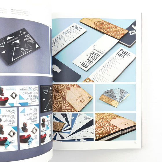 Product catalog or brochure with wooden items and geometric designs on a white background