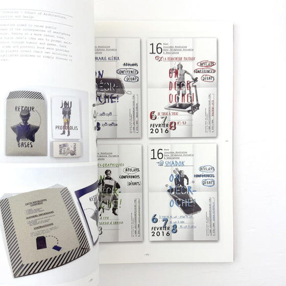 Collection of graphic design brochures and posters on a white background