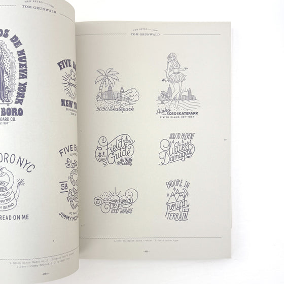 Open book displaying various black and white illustrations on a white background