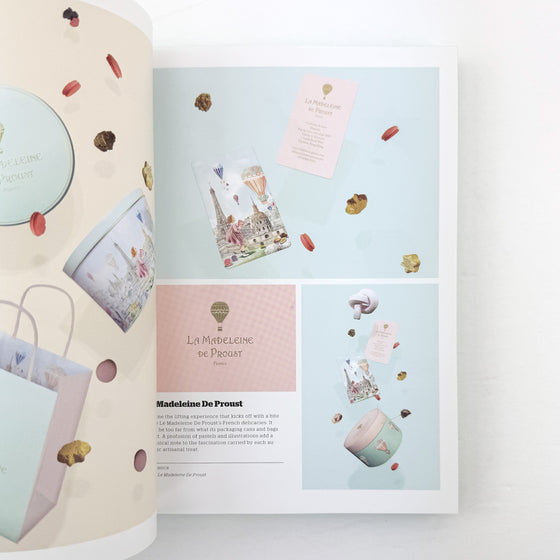 Open book with product images and text on a light background