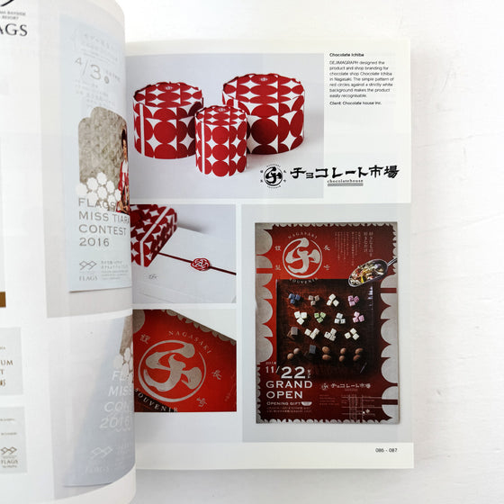 Open book displaying promotional materials for a chocolate market event with red and white designs.