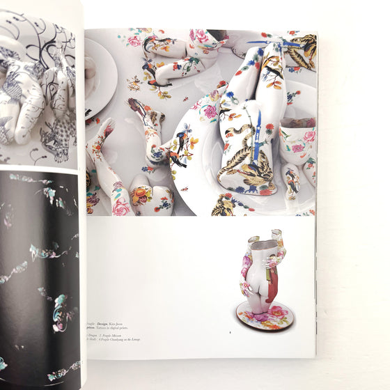 Decorative tableware with floral and animal patterns on a white background