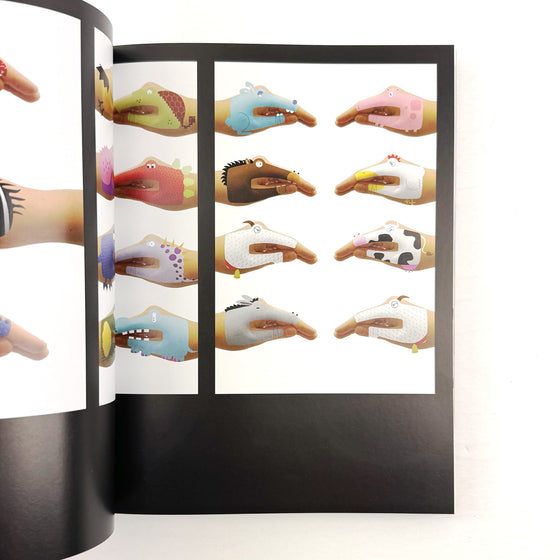 Illustrations of hands holding various objects on a magazine page.