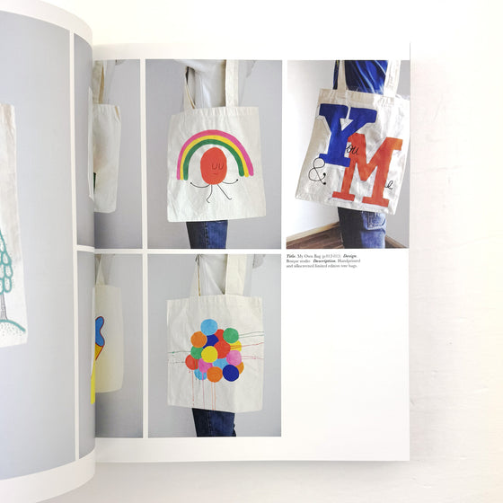 Collage of colorful tote bags with designs on a white background