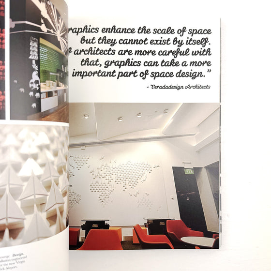 Collage of interior design images with a quote about graphics in space design.
