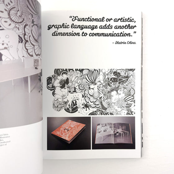 Open book with black and white illustrations and a quote on a white background