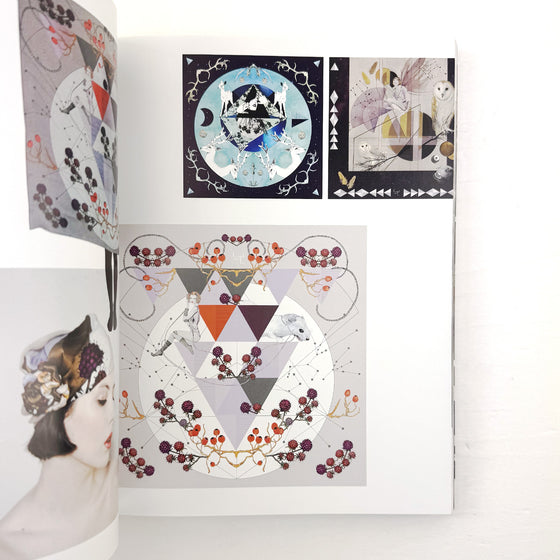 Artistic illustrations of geometric shapes and nature elements on a white background