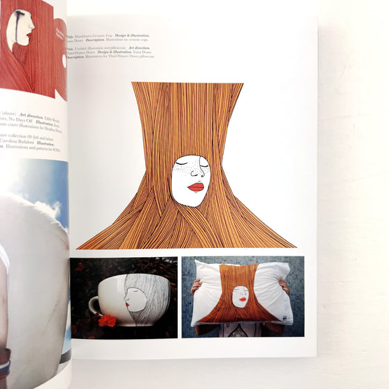 Illustration of a face with a wooden hairstyle in a magazine layout.