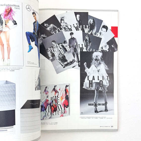 Collage of fashion magazine spreads with various models and fashion labels.