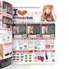 Open magazine with WOmarket advertisement featuring a woman's face and product images.