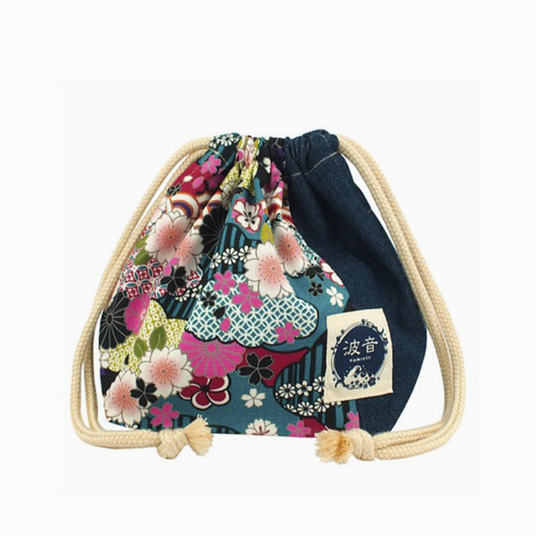  NAMIOTO Japanese Floral Print X Indigo Blue Lunch Drawstring Sack Small