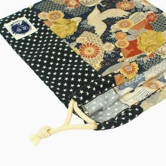 NAMIOTO Japanese Crane Print x Black Star Everyday Use Drawstring Sack Large